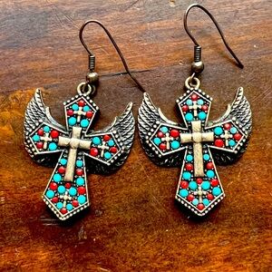 Turqouse & Red Stones on Unique Cross Earrings
